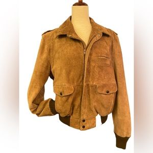 Vintage Cropped Leather Tan Bomber Jacket Front Zip Unisex Size 42 Reg